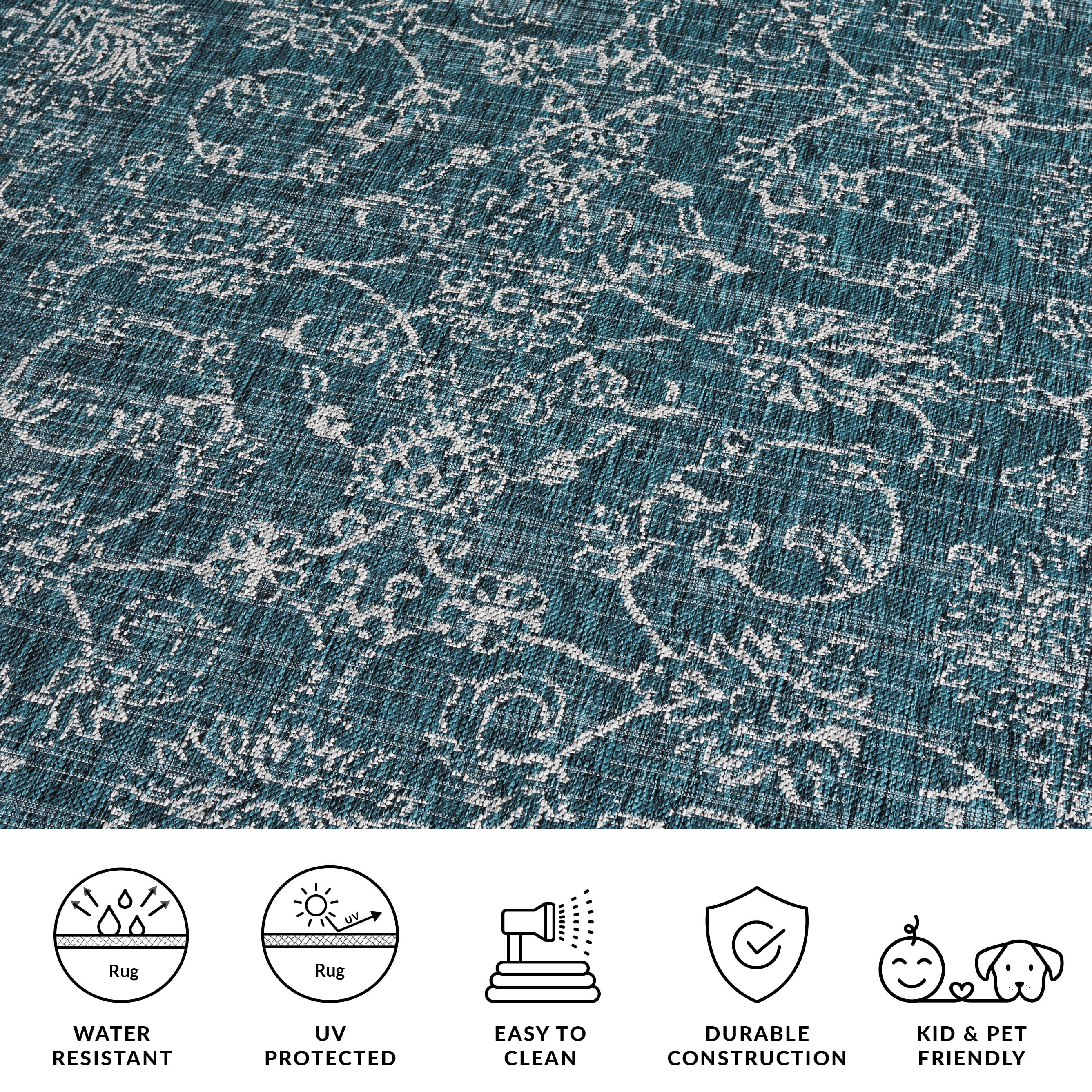 SAFAVIEH Courtyard Darin Botanical Indoor/Outdoor Area Rug, Turquoise, 5'3" x 7'7" Scalloped