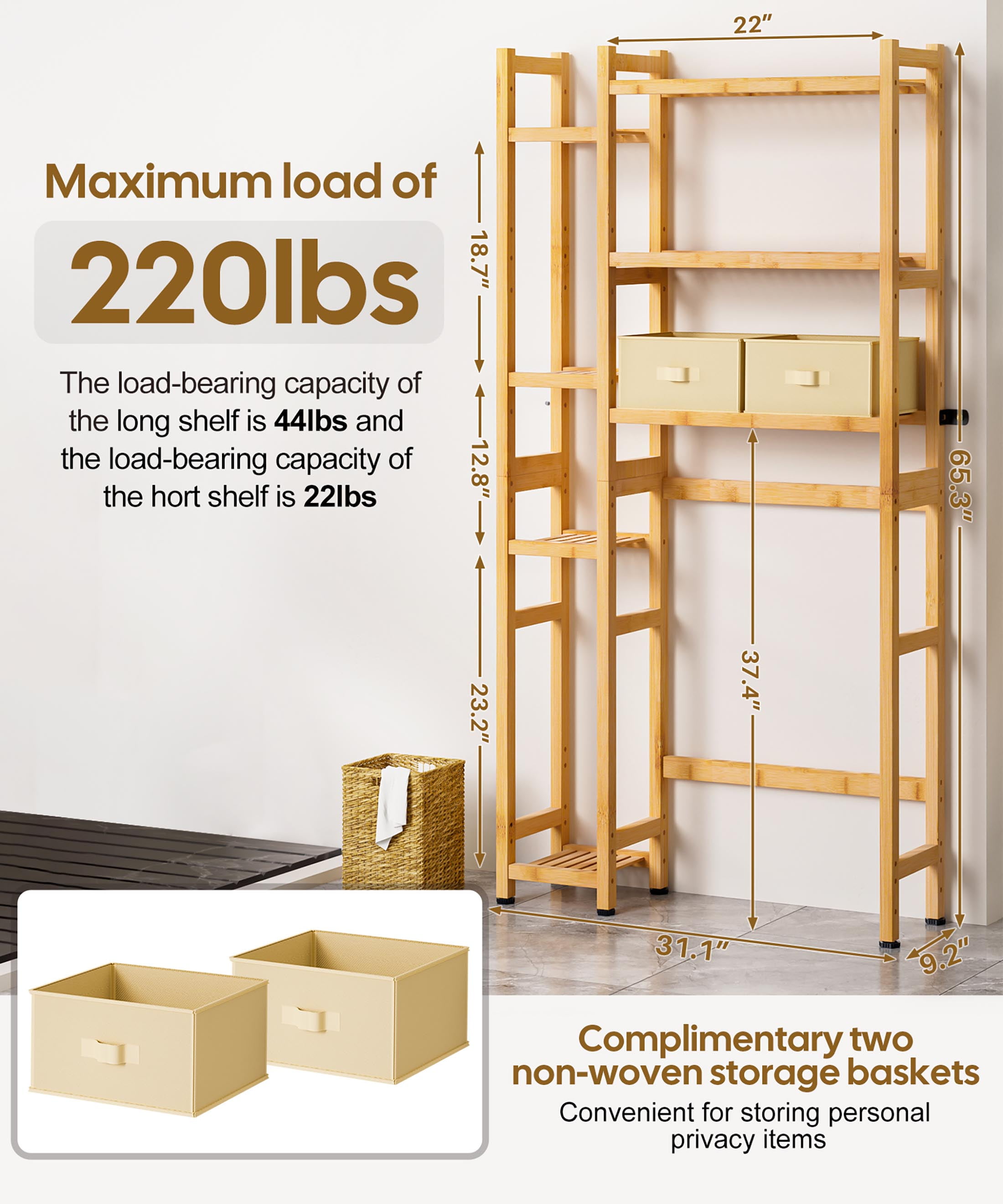 Enogets Over the Toilet Storage, Bamboo Bathroom Organizer with Adjustable Rack, Basket, Drawer & Waterproof feet