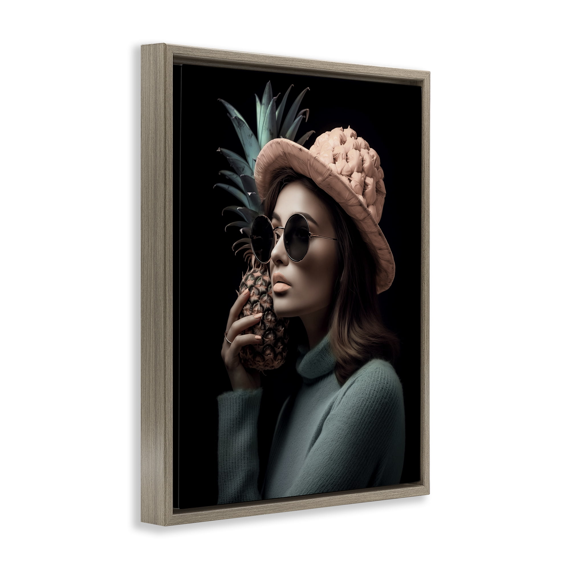 Stupell Industries Chic Girl with Pineapple Novelty Painting Brown Floater Framed Art Print Wall Art, 17 x 21