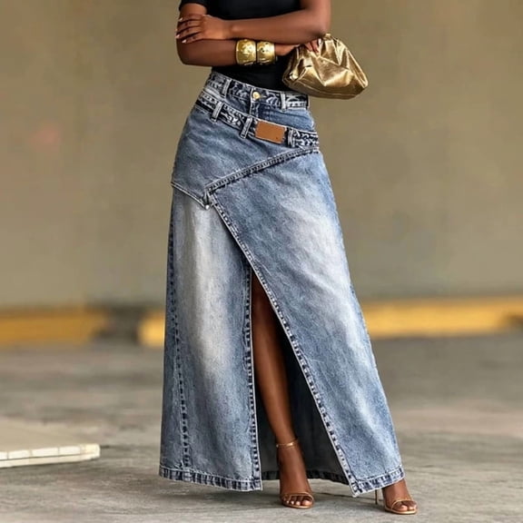 Morttic Women's Wash Denim Long Maxi Skirt – High Waist Relaxed High Slit Classic Back Pocket Western Streetwear A-Line Skirt Blue,S