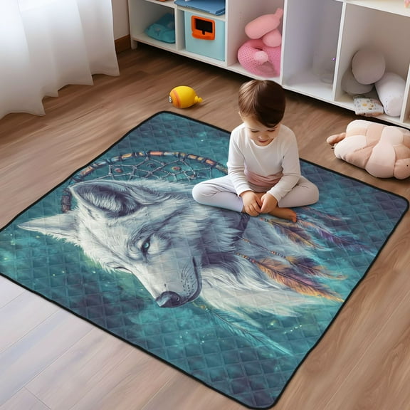 WOBOGO Wolf King Dreamcatcher Baby Playmats Extra Large Waterproof Rollable Activity Pads for Toddlers 50×50inch
