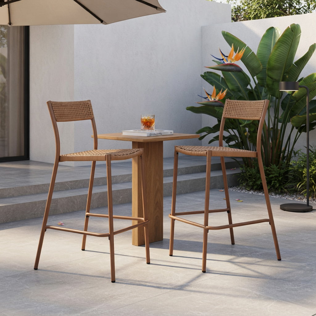 Hommoo 2-Pack Light Brown Woven Rattan Bar Stools with Metal Frame, Indoor/Outdoor Patio Bar Chairs, 29" Seat Height, Stackable & Space-Saving Design, Light Brown