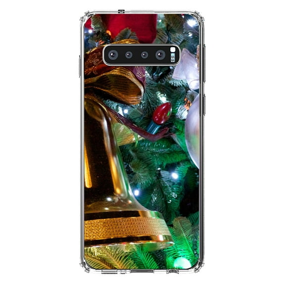 DistinctInk Clear Shockproof Hybrid Case for Samsung Galaxy S10  PLUS(6.4" Screen) - TPU Bumper, Acrylic Back, Tempered Glass Screen Protector - Christmas Ornaments Bell - Christmas All Year