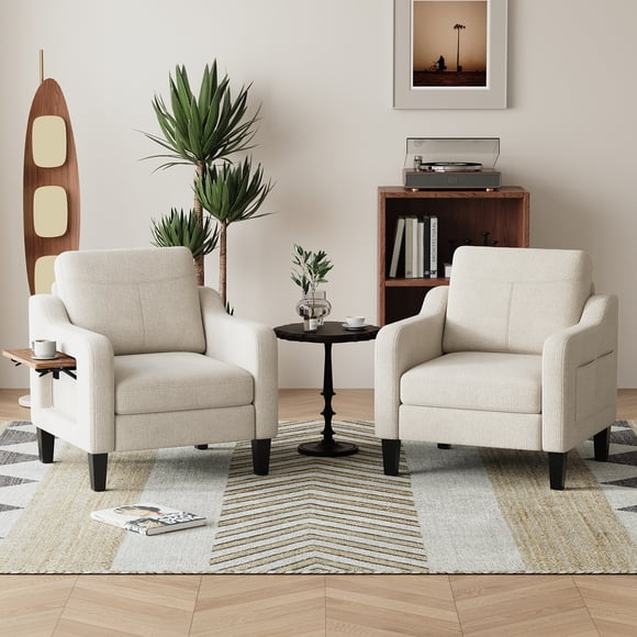 MALOL Modern Accent Chair Set of 2 with Foldable Table, 2 Side Pockets,Upholstered Living Room Side Chair Wooden Fabric Armchair, Single Sofa for Bedroom/Office/Reception Room, Beige