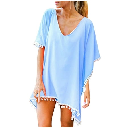 Summer Savings! Lovzfmll Swimwear Cover-ups for Women  Women Trim Kaftan Chiffon Tassels Swimwear Beach Loose Bikini Cover up Light blue