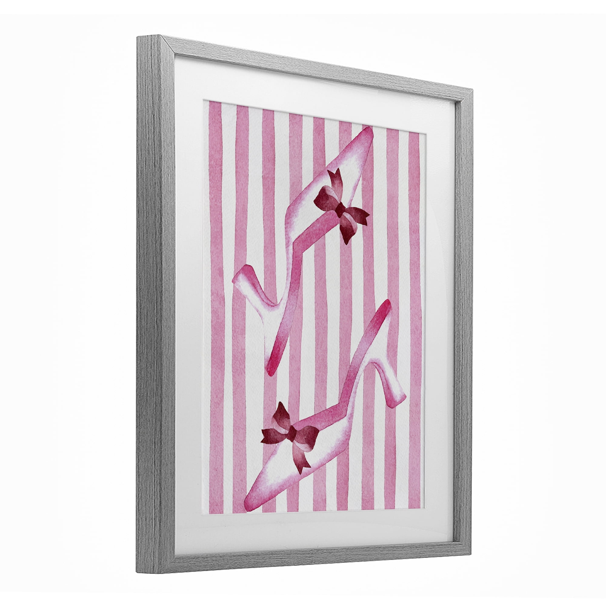 Stupell Industries Bow Heels on Pink Stripes Gray Framed Print Under Glass, design by Camila Juncos