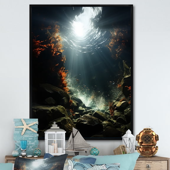 Designart "Serenade Of Aqua Underwater Corals II" Coastal Coral Under Water Floater Framed Canvas Wall Art