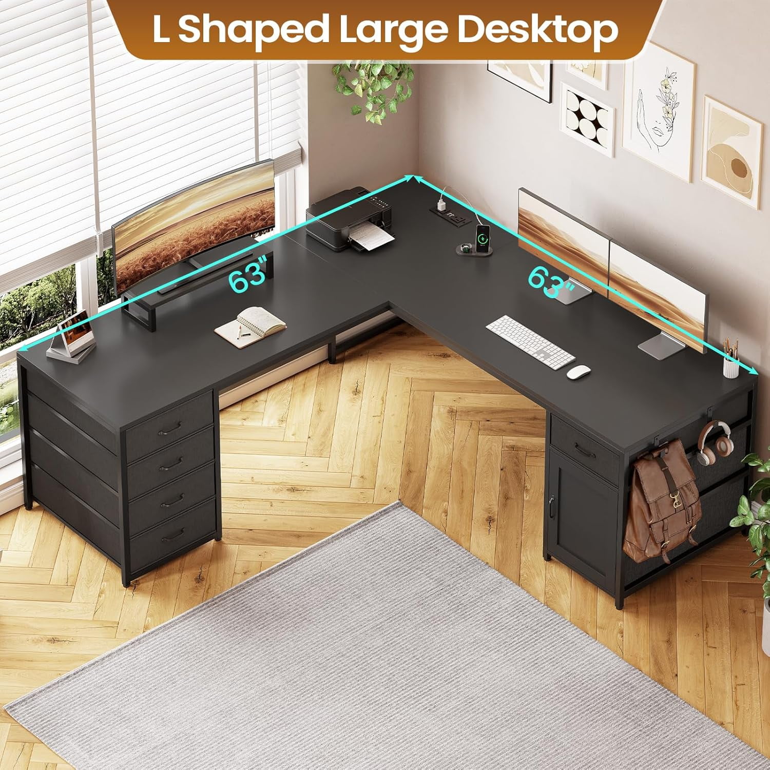SEDETA L Shaped Desk, 63'' Computer Desk with 5 Drawer & Power Outlet, Long Home Office Desk or Corner Desk, Corner Desk with Monitor Shelf, Storage Cabinet, Black