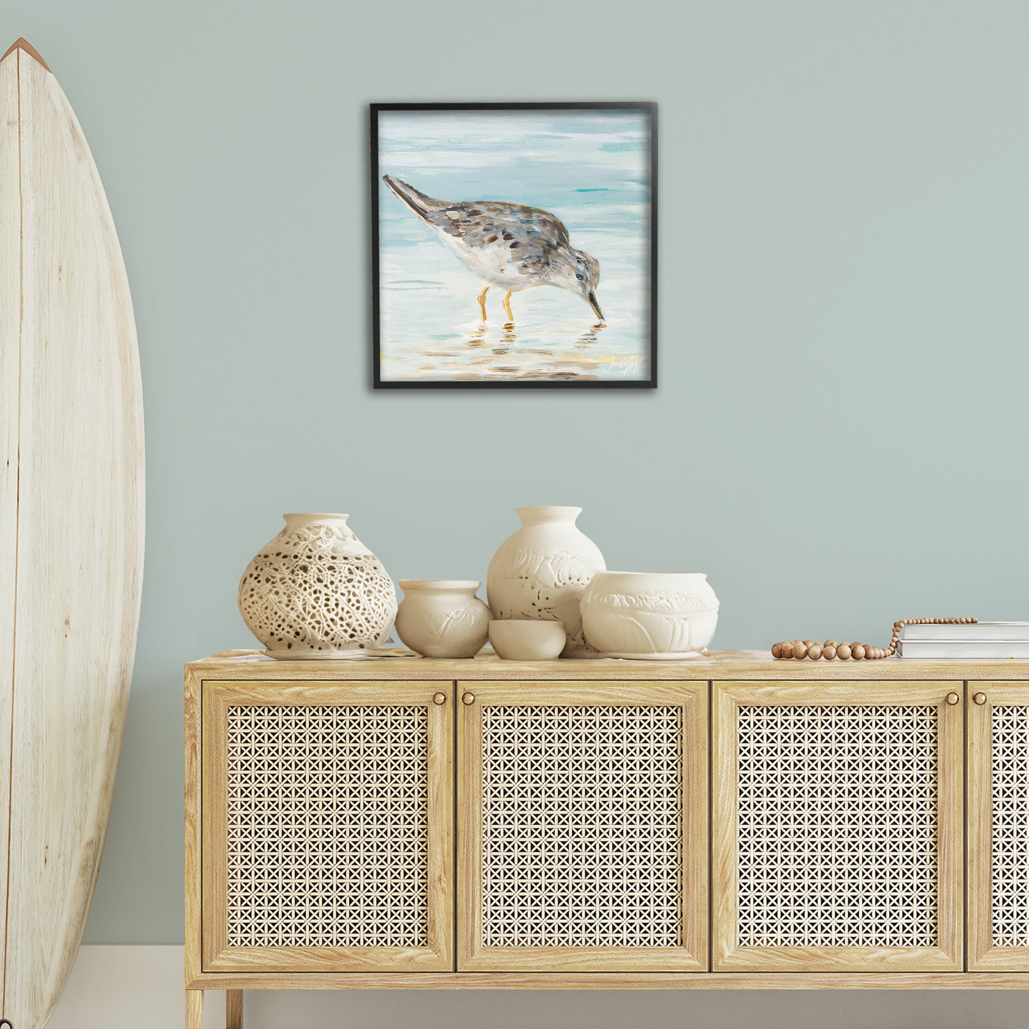 Stupell Industries Grey Beach Sandpiper Animals & Insects Painting Black Framed Art Print Wall Art, 24 x 24
