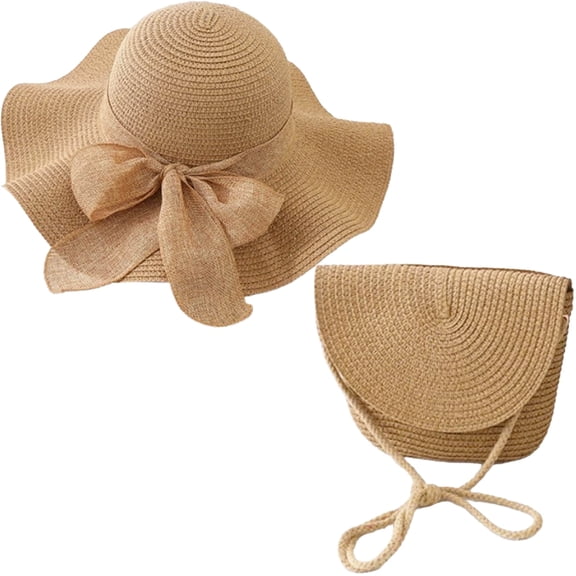 Khaki Women's Wide Brim Straw Hat & Bag Set, Handwoven Lightweight Beach Sun Hat with Bow, Breathable Packable Travel Set for Vacation, Cruise & Daily Outings