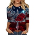 thumbnail image 2 of Uootdi 4th of July Tops for Women Rose Butterfly Cross Print 3/4 Sleeve Casual Loose Fit Lightweight Tees Gift, 2 of 7