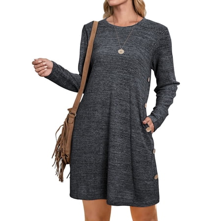 UVN Fall Dresses for Women Long Sleeve Casual Winter Dress with Pockets Buttons Side Tunic Dress