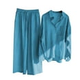 thumbnail image 2 of wcjm Sky Blue Women's Casual Solid Retro Plus Size Cotton Button Shirt High Waist Loose Pocket Long Pant Suit, 2 of 6
