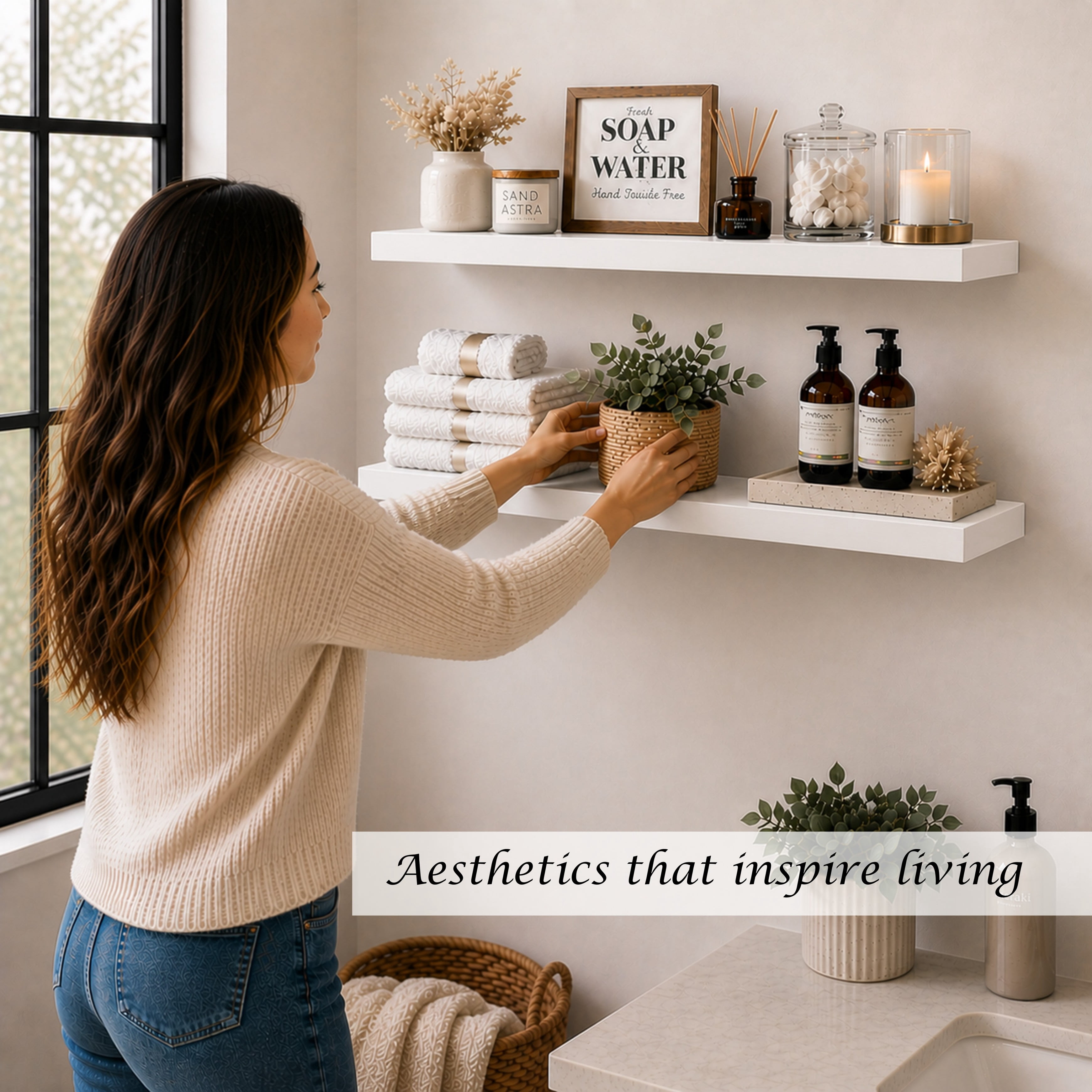 Induslyfe Large White Floating Wall Shelves, Wood Wall Mounted Shelf, Set, 22.5 x 6.7 in, Set of 2, shelf over toilet farmhouse decor