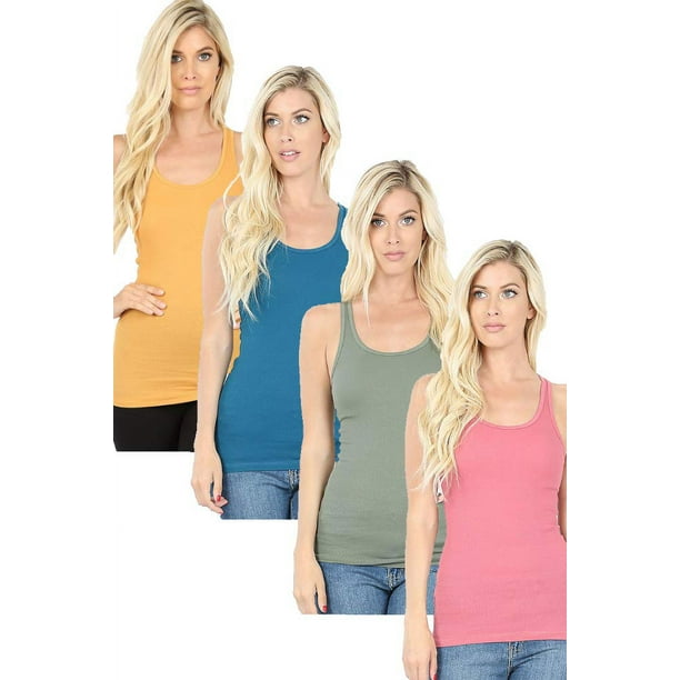 Zenana Outfitters 4 Pack Womens Basic Ribbed Racerback Tank Top - Mustard,  Teal, Light Olive, Rose - Medium 