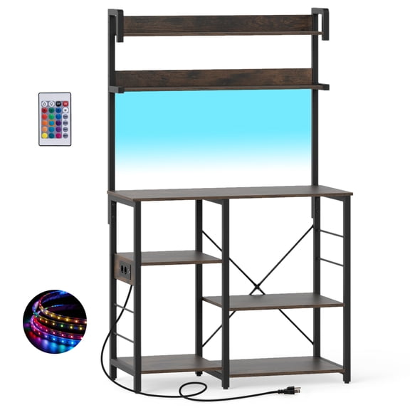 Gymax Hutch Bakers Rack w/LED Light 2 Anti-toppling Kits Charging Station for Kitchen Rustic Brown