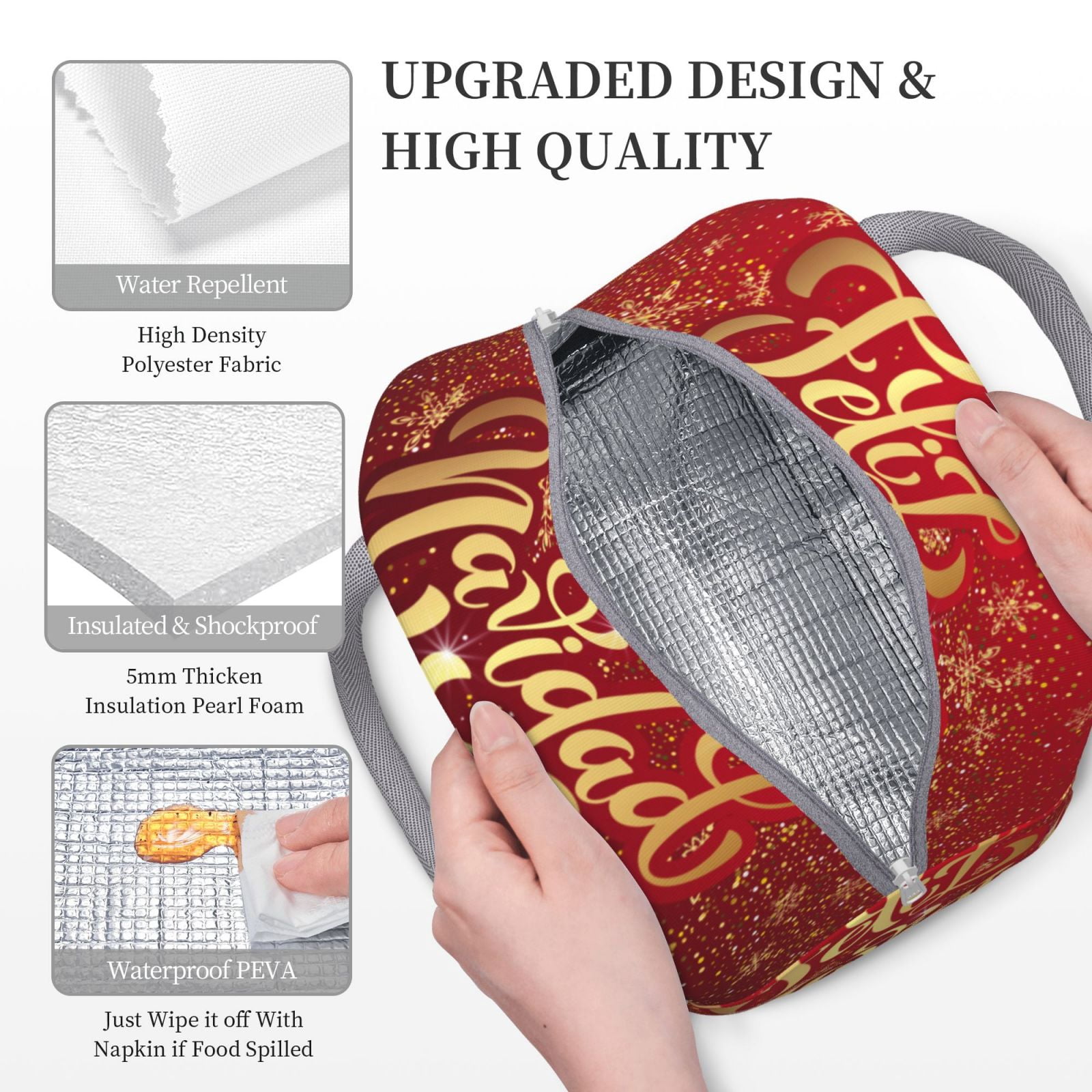 Horeoi Merry Christmas Pattern Large Insulated Lunch Bag for Work, School, Picnic - Waterproof, Durable Oxford Cloth, Comfortable Handle-Light Grey