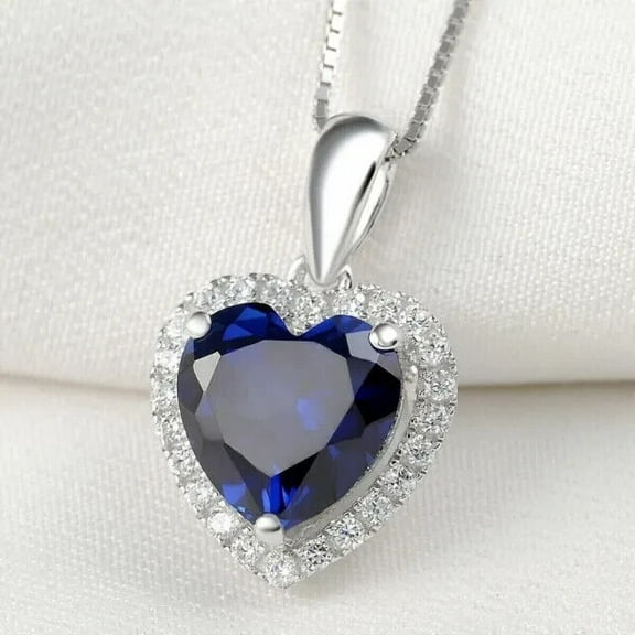 Beautiful Heart Cut Blue Sapphire Halo Pendant For Anniversary Gift 14K White Gold Plated 18"Chain