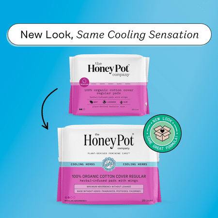 The Honey Pot Company, Herbal Regular Pads with Wings, Organic Cotton Cover, 20 ct.