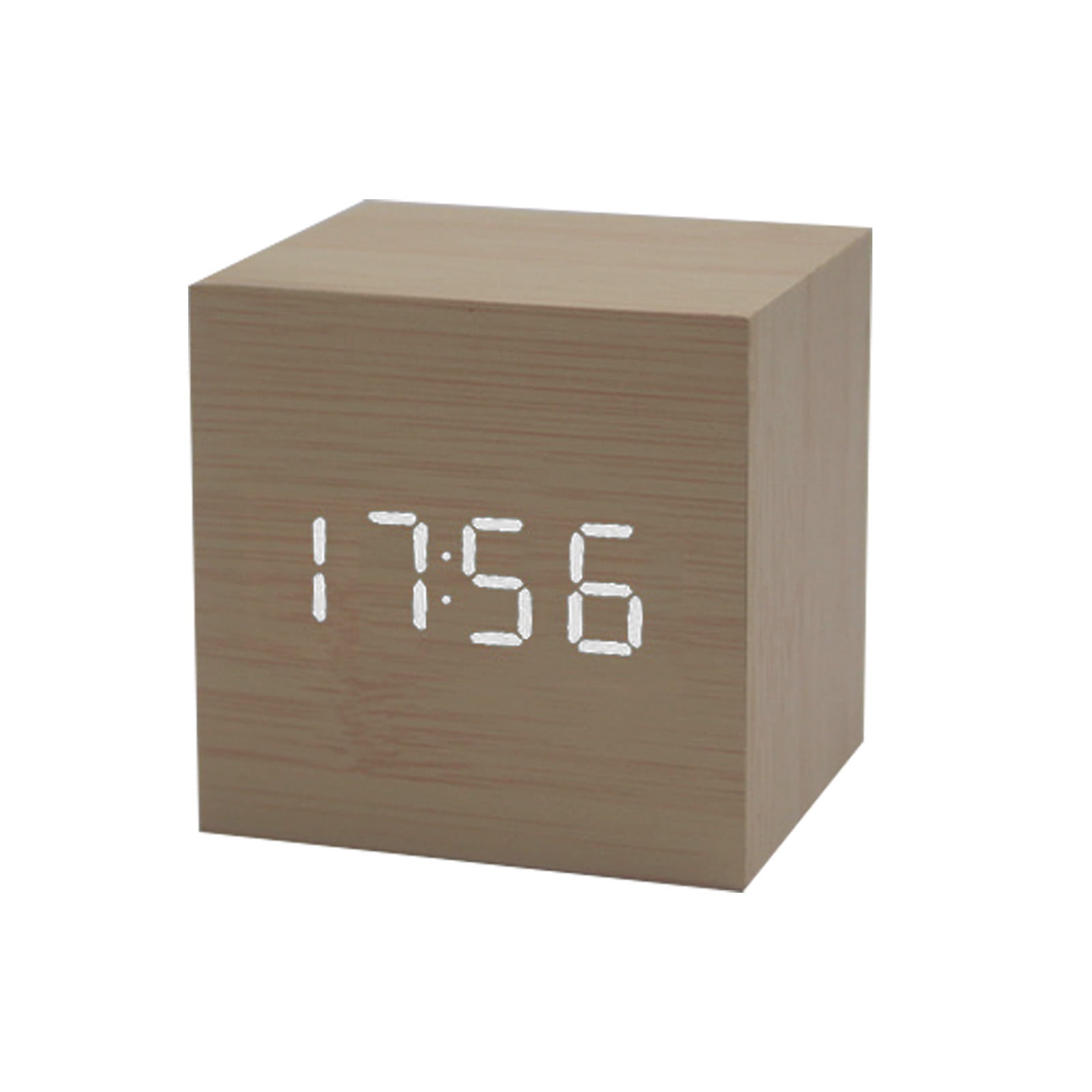 Modern Cube Wooden Wood Digital LED Desk Voice Control Alarm Clock Thermometer 