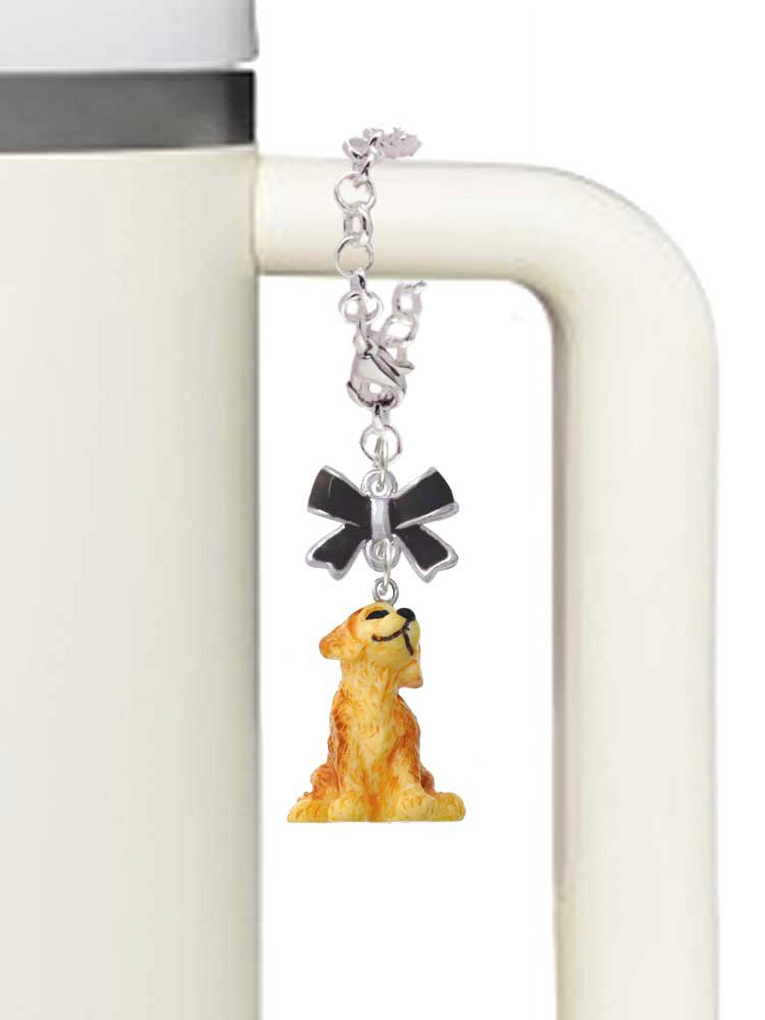 Delight Jewelry Resin Sitting Puppy - Silvertone Bow Charm Accessory for Tumblers and Thermal Cups