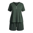 thumbnail image 5 of Plus Size Women's Plus Size 2 Piece Pajama Sets, V-Neck Short Sleeve Top & Drawstring Pocket Elastic Shorts, Oversized Solid Casual Home Outfit | TruHer,Army Green 2XL, 5 of 7