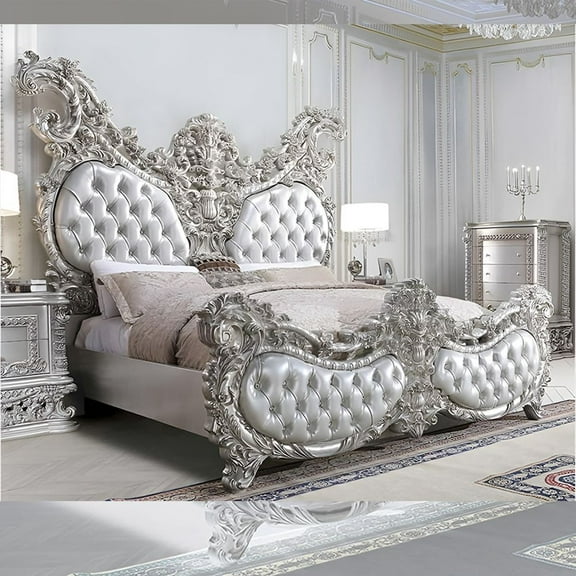 Acme Valkyrie Eastern King Bed, Synthetic Leather, Antique Platinum Finish, PU, Resin, Composite Wood