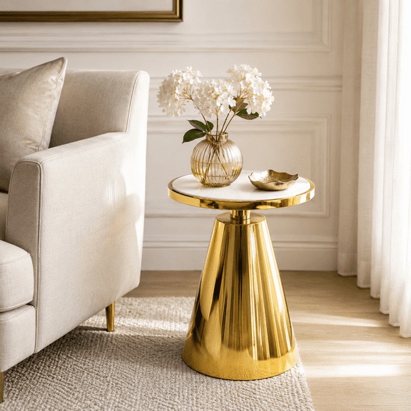 Modern Side Table with White Marble Top & Gold Metal Frame