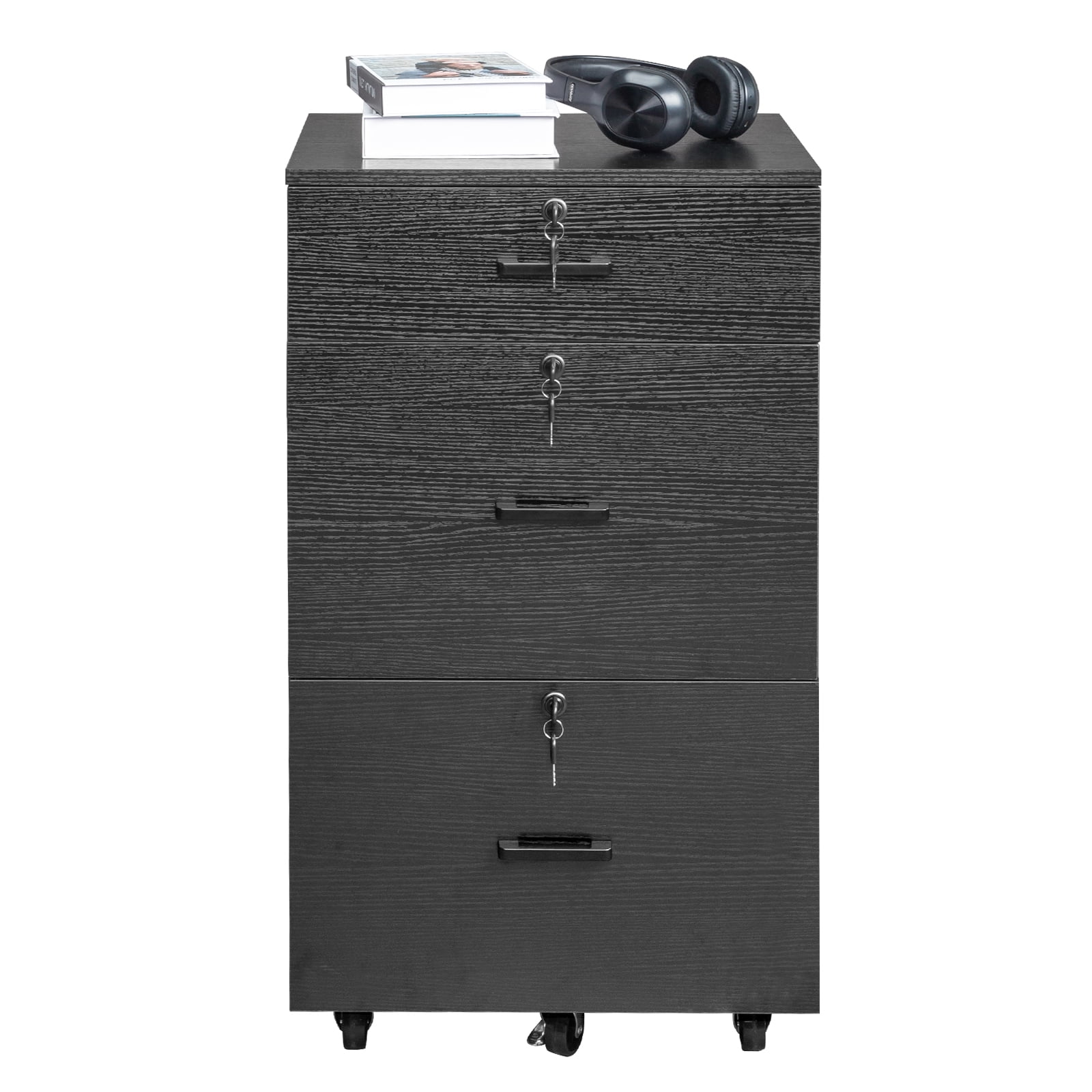 Ktaxon 3 Drawers File Cabinet Legal&Letter Size, with Pencil Drawers Mobile File Cabinet with Rollers, Black