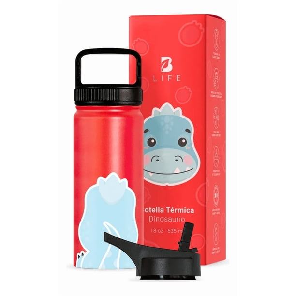 Botella de Agua para Niños 532ml Dinosaurio | Con Asa, 2 Tapas, 2 Popotes y Cepillo | Libre de BPA | B Life