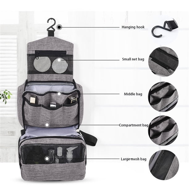 Neceser Colgante Transparente | Organizador de Cosméticos de Viaje con Bolsillos de Malla | Estuche de Maquillaje Impermeable de 24,5 X 7,5 X 13 Cm | Diseño de Gancho y Cremallera Metálica
