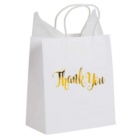 Thank You Bags - 15-Pack Small White Paper Gift Bags with Shiny Gold