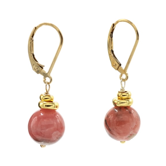 1160 14k Gold Filled Lever-Back Rhodochrosite Drop Earrings with Gold-Tone Disc Accents for Adults