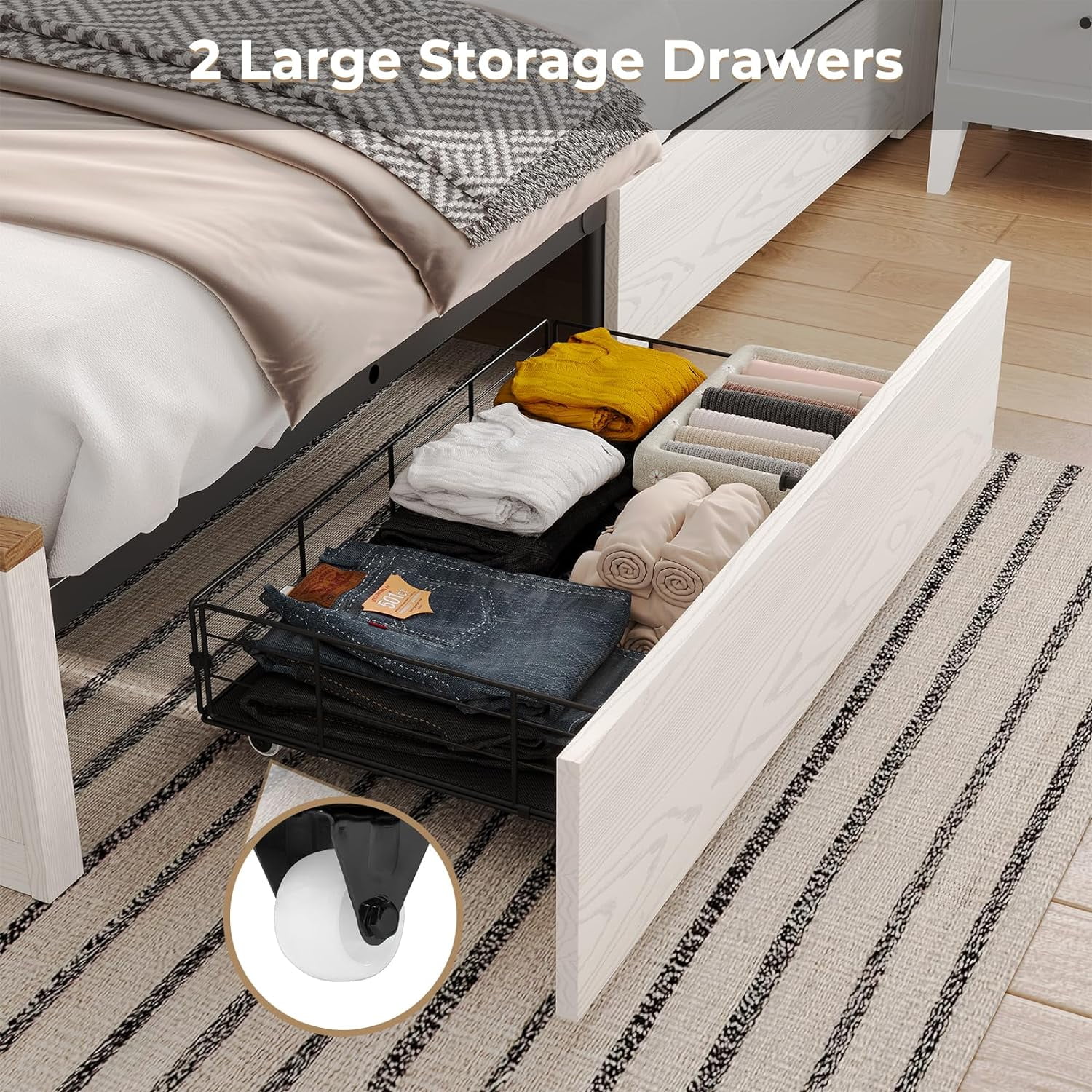 Queen Size Bed Frame with LED Lights and Charging Station, Farmhouse Storage Bed Frame with Headboard and Drawers, No Box Spring Needed, White