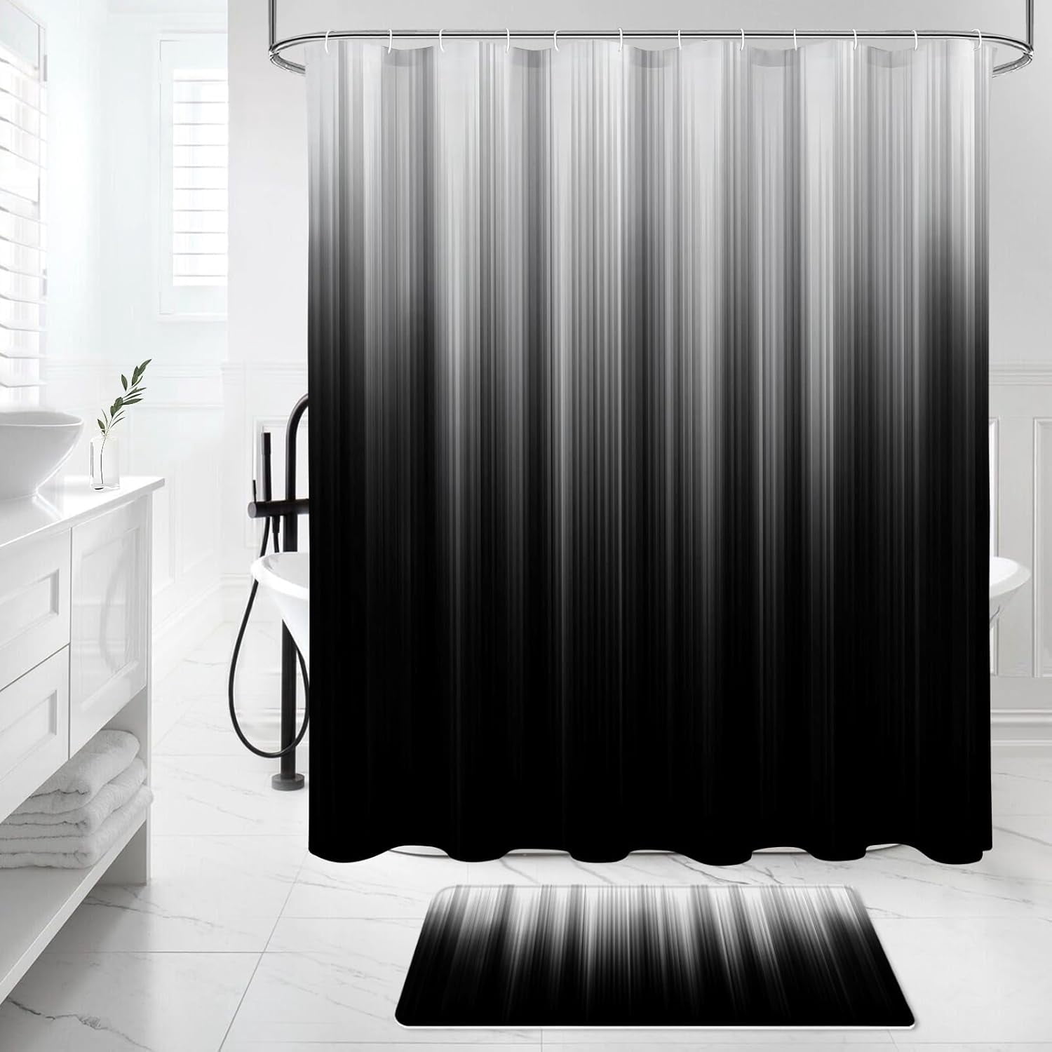 Red and Black Gradient Shower Curtain Set with Rugs and Toilet Lid Cover, Modern Simple Waterproof Fabric Bathroom Set, Ombre Stripe Gothic Abstract Bathroom Decor Set Accessories
