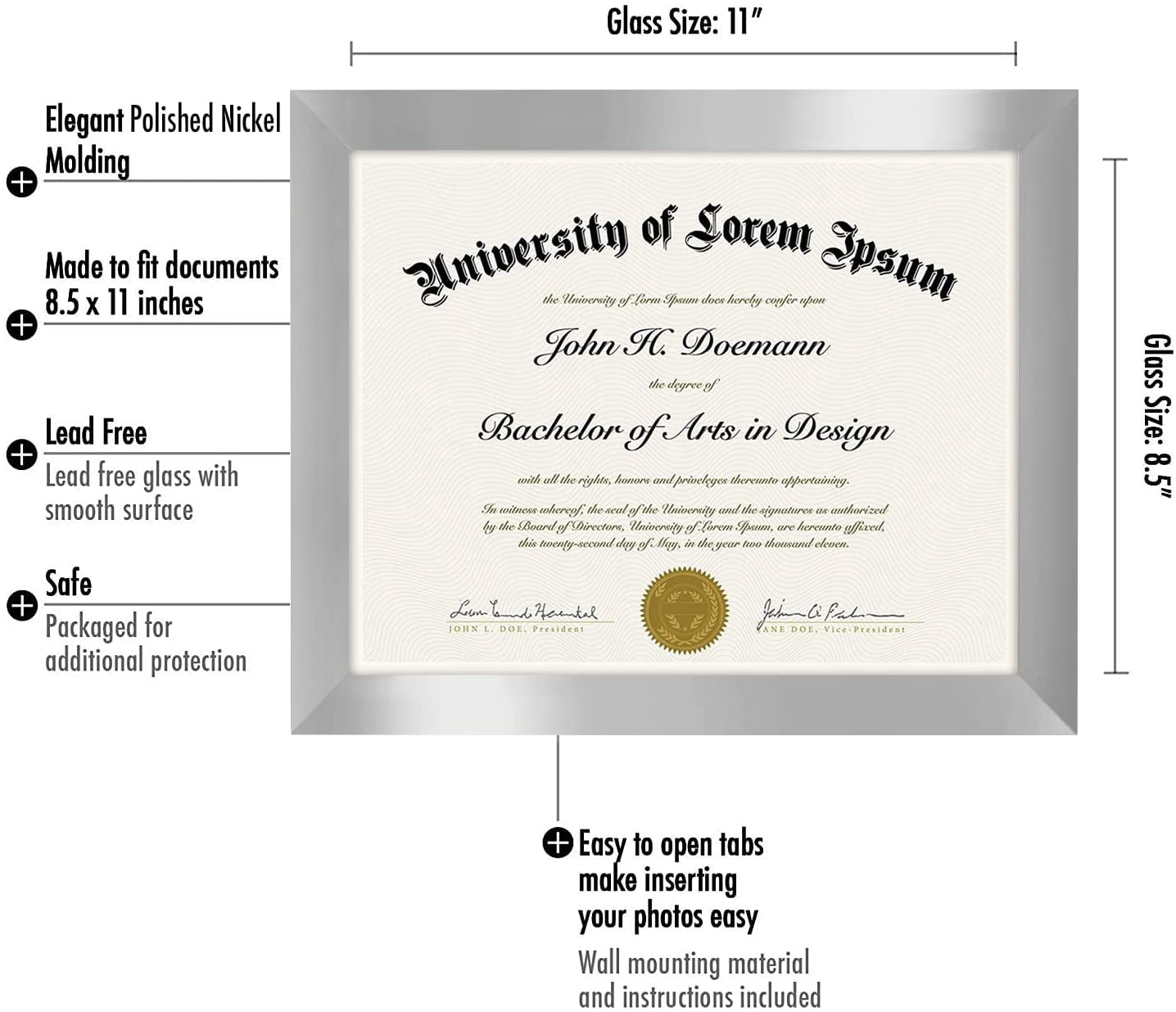 Americanflat 8.5x11 Diploma Frame in Silver with Shatter Resistant Glass - Horizontal and Vertical Formats for Wall and Tabletop