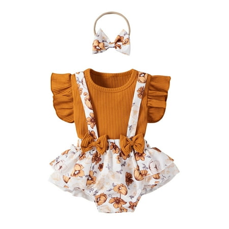 

EHTMSAK Infant Baby Toddler Girl 3PCS Bow T Shirts and Floral Suspender Shorts Set Outfits Summer Ruffle Short Sleeve Clothing Set with Headband Brown 6M-18M 80