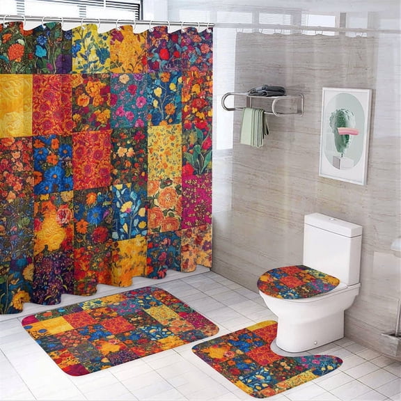 4 Piece Bathroom Rug Set with Shower Curtain Colorful Floral Designs Patchwork Bath Mat U-Shaped Floor Mat Toilet Lid Oval Rug Patchwork Flower 12 Hooks for Bathroom Decor 72inch X 72inch