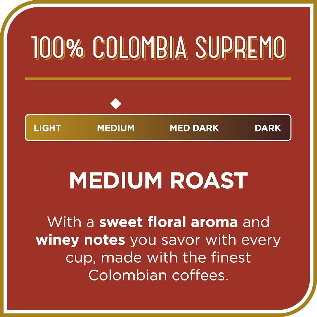 Don Francisco's 100% Colombia Supremo Medium Roast Coffee: 55 K-Cup Compatible Single-Serve Pods, 100% Arabica, Recyclable through Terracycle - Floral Aroma with Winey Notes