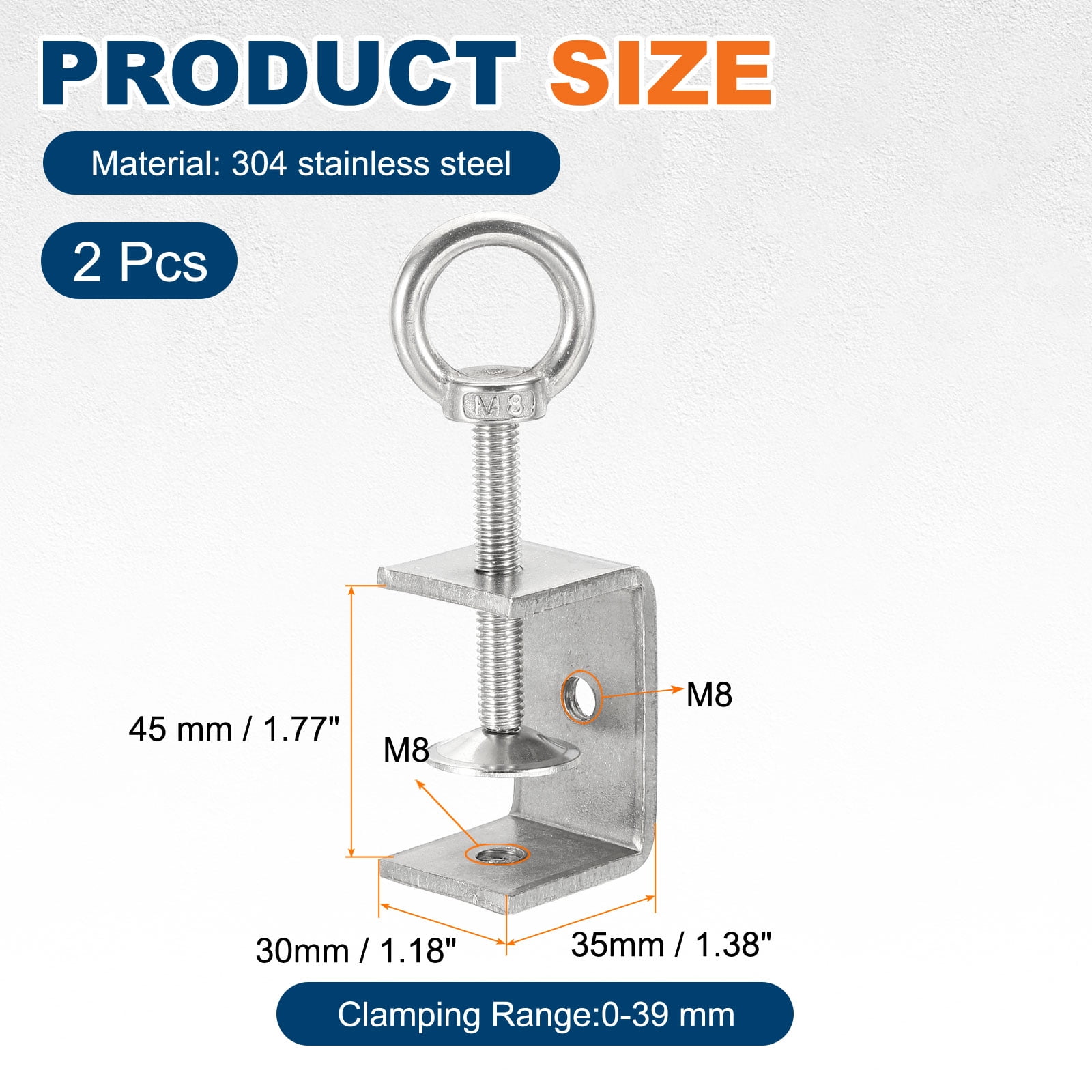 Uxcell2 Pcs 304 Stainless Steel C Clamps 30mm Square Mini Tiger Clamp Adjustable Heavy Duty Metal U Clip with Eye Hook Screw for Woodworking Welding Mounting, Silver