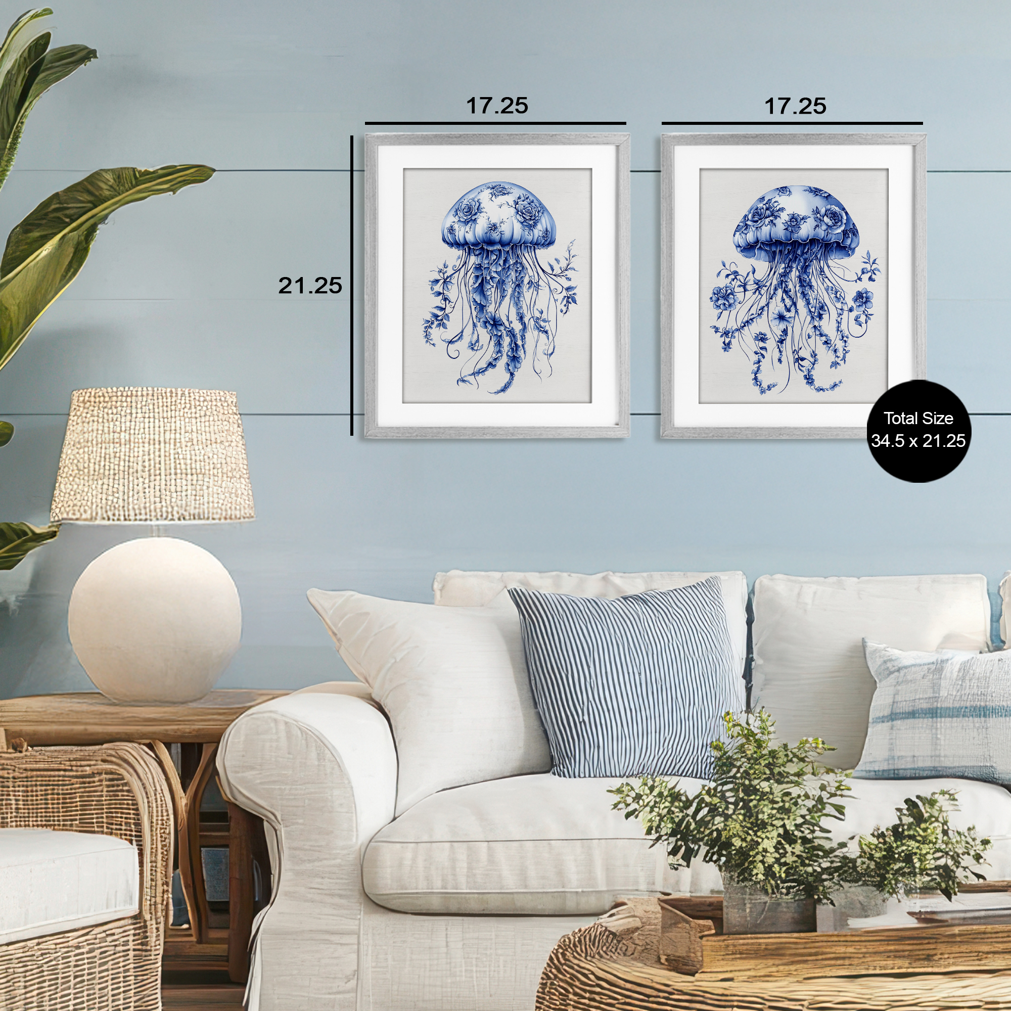 Funky Florals Toile Jellyfish 2 Piece Gray Framed Print Under Glass Set, design by Lettered and Lined