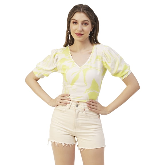 Moomaya Printed Viscose Rayon Top, V Neck Short Sleeves Summer Top For Women