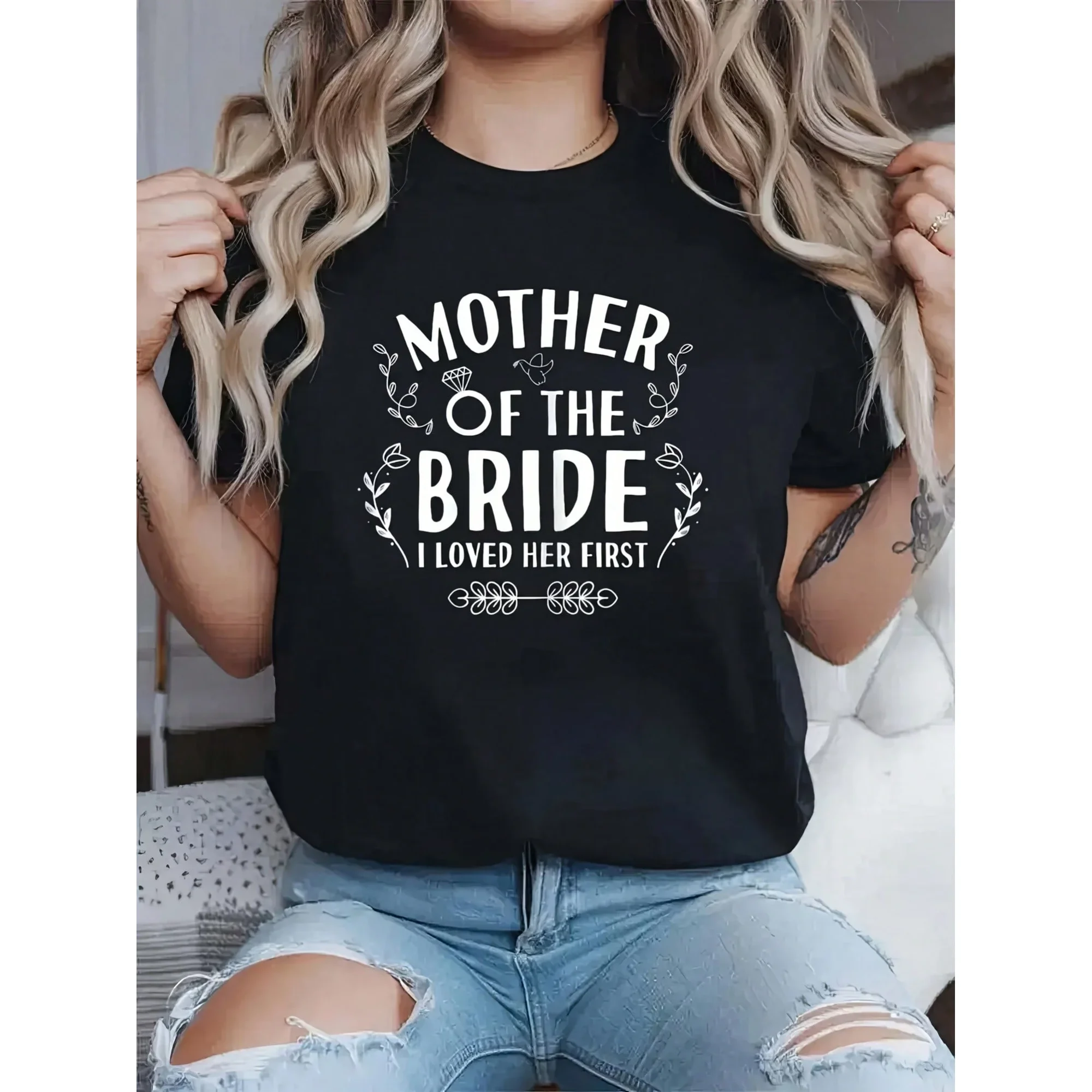 Mother of the Bride T-Shirt I Loved Her First Wedding Party Mom Gift Retro Floral Graphic Tee Short Sleeve Black Cotton Apparel
