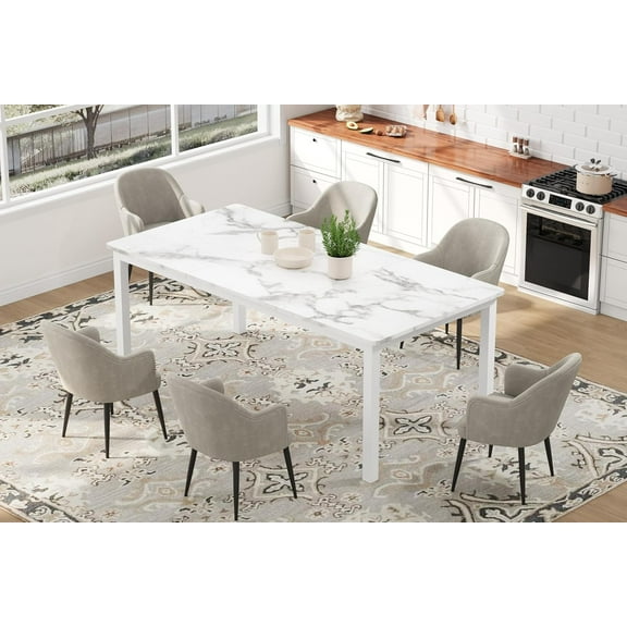 79 Inch Industrial Dining Table, Large Rectangle Kitchen Table with Metal Legs, Round Corners, Wooden Conference Tables Writing Desk for Dining Room, Living Room,White Faux Marble/White Legs