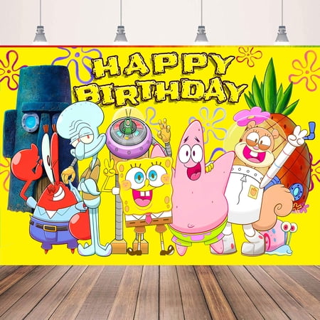 Spongebob Birthday Party Decorations, 5x3ft Spongebob Backdrop Happy Birthday Banner Background Wall Decorations for Kids Girs Baby Shower Party Supplies Favors