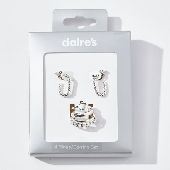 Claire's Jewelry Set Includes 20mm Silver Earrings Rope Style, and 4 Rings Size Small/Medium, Gift Box, Female, 91549