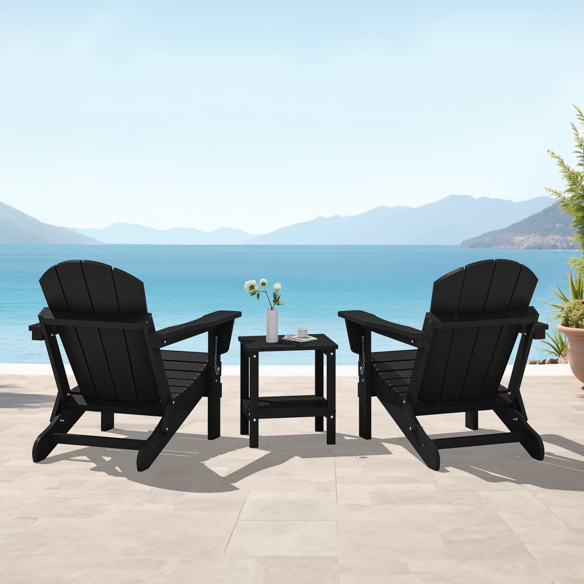 SERWALL Foldable Adirondack Chair Set of 4, Oversized All-Weather Outdoor Patio Chairs, HIPS Plastic Adirondack Chair for Garden Fire Pit - Black