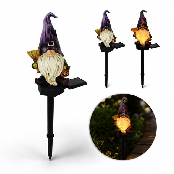 Solar Garden Gnome Light, Purple Witch Hat Dwarf Stake Lamp, Auto On/Off IP55 Waterproof LED Outdoor Decor for Halloween Yard Pathway Lawn Patio, Plastic