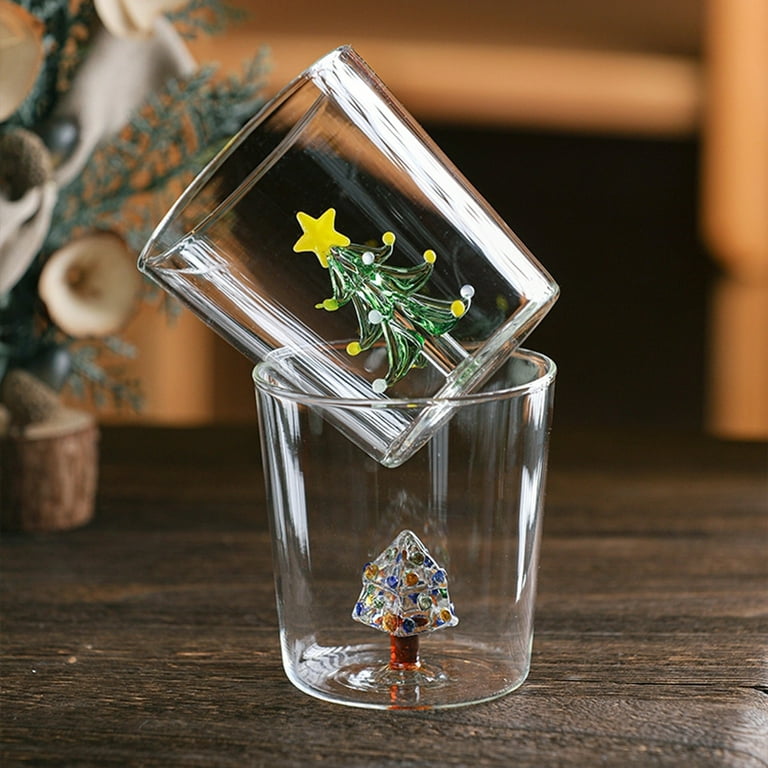 HeguSun 3D Drinking Glass Cup with Cute Animal Figurine Inside, Hand Blown Glass Christmas Deer Figure Inside Mug, Stemless Glass for Wine, Water