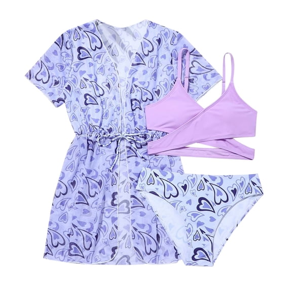 SGMVNU Girls Swimsuit with Kimono Cover up Girls Bathing Suits Size 10/12 3 Piece Swimwear Set Summer Beach Wear Floral Print Teens Bathing Suit, Size 8-9 Years, 2-Purple
